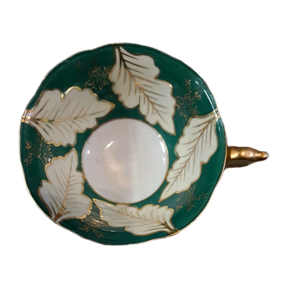 Vtg Ucagco China - Hand Painted Leaf Pedestal Teacup And Saucer x 4 Grn/Gold - Picture 2 of 5